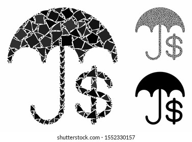 Insurance mosaic of raggy items in different sizes and shades, based on insurance icon. Vector rugged items are composed into mosaic. Insurance icons collage with dotted pattern.