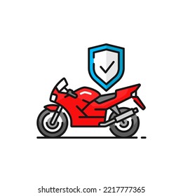 Icono de esquema de color de motocicleta de seguro, concepto de seguridad moto. Motocicleta vectora y escudo protector. Motocicleta rápida, firma de la compañía de servicios de seguros