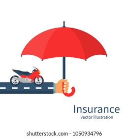 Insurance motorcycle. Vector illustration flat design. Isolated on white background. Hand insurer with an umbrella that protects motorbike. Safety concept moto.