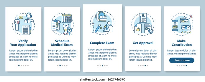 Insurance onboarding mobile app page screen with concepts. Get verification. Approval process walkthrough 5 steps graphic instructions. UI vector template with RGB color illustrations