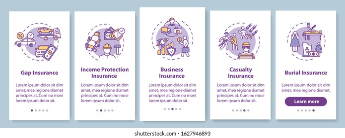 Insurance onboarding mobile app page screen with concepts. Income and investment protection. Banking walkthrough 5 steps graphic instructions. UI vector template with RGB color illustrations