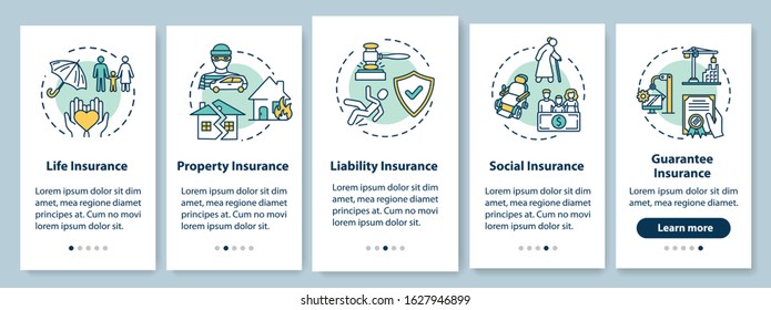 Insurance onboarding mobile app page screen with concepts. Social service. Business coverage walkthrough 5 steps graphic instructions. UI vector template with RGB color illustrations