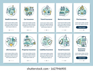 Insurance onboarding mobile app page screen with concepts. Safety guarantee. Life assurance walkthrough 5 steps graphic instructions. UI vector template with RGB color illustrations