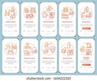 Insurance onboarding mobile app page screen with concepts. Injury from accident. Legal plan walkthrough 5 steps graphic instructions. UI vector template with RGB color illustrations