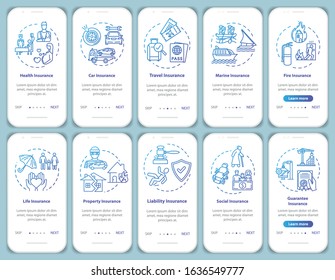 Insurance onboarding mobile app page screen with concepts. Tourism payment. Personal policy plan walkthrough 5 steps graphic instructions. UI vector template with RGB color illustrations