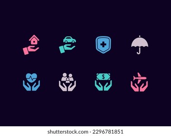 Insurance options vector icon set. Life, health, home, savings insurance icons.
