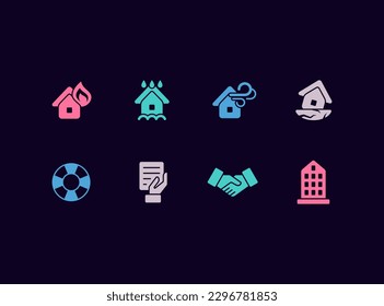 Insurance options vector icon set. Life, health, home, savings insurance icons.