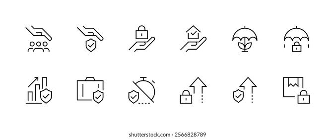 Insurance outline icon collection. Shield, protection, care, social security, safety, coverage, risk management, guarantee and more. Editable stroke. Pixel Perfect. Grid base 32px.