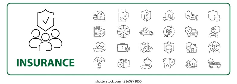 Insurance - outline icon set, vector, simple thin line icons collection 