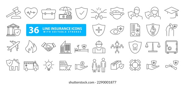 Insurance - outline icon set, vector, simple thin line icons collection. bundle of insurance set icons. Insurance policy icon set.