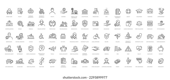 Seguros: conjunto de iconos de esquema, vector, colección de iconos de línea delgada simple