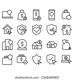 Versicherung - Rahmensymbol-Set, Vektorgrafik, einfache Sammlung von Symbolen für dünne Linien