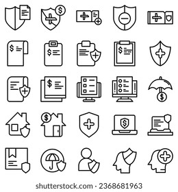 Seguros: conjunto de iconos de esquema, vector, colección de iconos de línea delgada simple