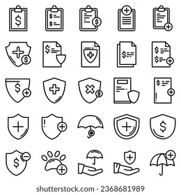 Versicherung - Rahmensymbol-Set, Vektorgrafik, einfache Sammlung von Symbolen für dünne Linien