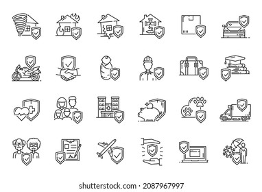 Insurance outline vector icons. Health, safety, business and ambulance, travel, transportation and disaster protection. Linear car, house, money and people, heart and plane with umbrellas and shields