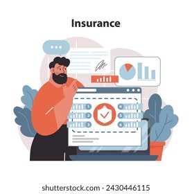 Insurance overview concept. Analyzing data and policy details for informed coverage decisions. Protection strategy with a personal touch. Flat vector illustration.