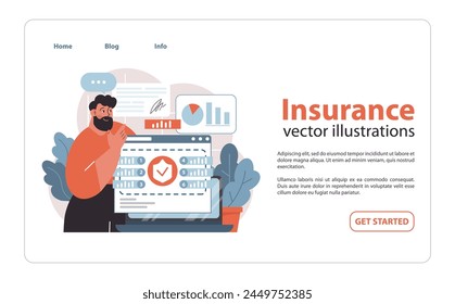 Insurance overview concept. Analyzing data and policy details for informed coverage decisions. Protection strategy with a personal touch. Flat vector illustration.