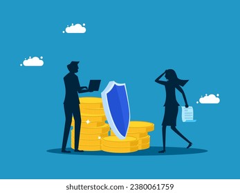 Insurance payments. Businesswoman holds an insurance document with a shield on a pile of coins