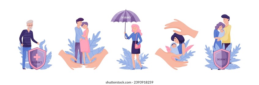 Insurance with People Character with Umbrella and Shield Vector Set