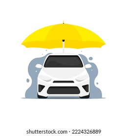 Insurance Personal Car Concept, Front Of White Car With Yellow Protective Umbrella, Vector Illustration.