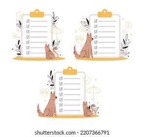 Insurance for pets concept. Set of big clipboard with check list. Medical coverage for animals' health. Modern flat style illustration isolated on white background.