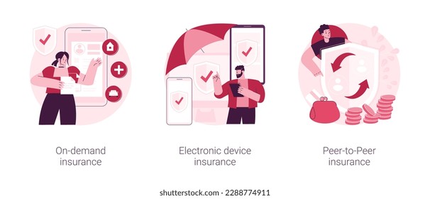 Insurance policy abstract concept vector illustration set. On-demand insurance, electronic device warranty coverage, peer-to-peer collaborative social risk, accident cost abstract metaphor.