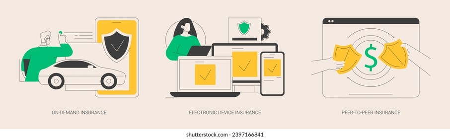 Conjunto de ilustraciones de vector de concepto abstracto de póliza de seguros. Seguro a petición, cobertura de garantía electrónica para dispositivos, riesgo social colaborativo entre pares, metáfora abstracta de costos de accidentes.