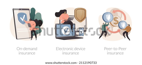 Insurance policy abstract concept vector\
illustration set. On-demand insurance, electronic device warranty\
coverage, peer-to-peer collaborative social risk, accident cost\
abstract metaphor.
