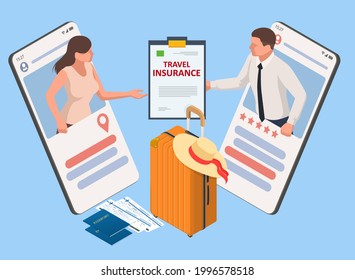 Insurance policy, booking travel insurance. Isometric travel agent ticket safe plan trip holiday model insurance money concept Protection from danger, providing security. Travel Aviation Insurance