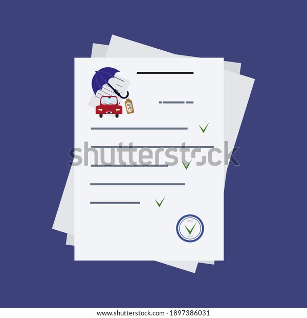 Insurance policy. Car rental or insurance
document. A sheet of paper or a contract with a seal and signature.
A contract or legal transaction with a safe vehicle. Vector
illustration. Flat
style.