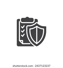 Póliza de seguro con icono de vector de marca de verificación. signo plano relleno para concepto móvil y diseño web. Icono de glifo de Formulario de reclamación de seguro. Símbolo, ilustración del logotipo. Gráficos vectoriales