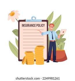 Insurance policy for company employees, flat vector illustration isolated on white background. Office worker with laptop introducing agreement with employee perks or benefits.