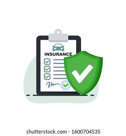 Insurance policy concept.Document report with shield. Vector illustration in flat srtyle.