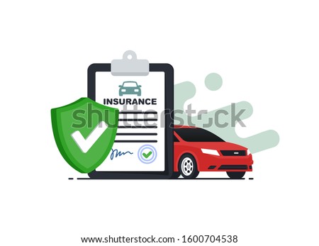 Insurance policy concept.Document report with shield and car. Vector illustration in flat srtyle.