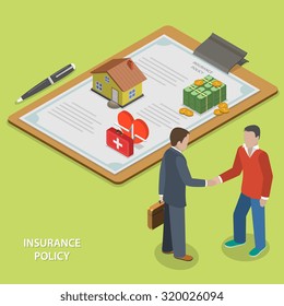 Insurance Policy Deal Flat Isometric Vector Concept. Insurance Agent Makes Deal With Client And Shakes His Hand.