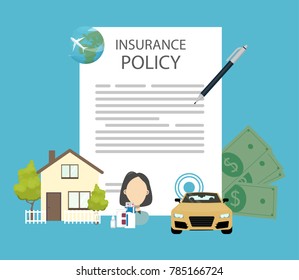 Insurance policy document with pen and icons.