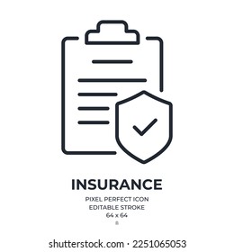 Insurance policy editable stroke outline icon isolated on white background flat vector illustration. Pixel perfect. 64 x 64.