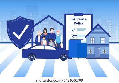 Insurance with insurance policy for family medical, home, car and travel insurance vector illustration