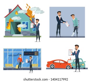 Insurance policy flat banner vector template. Car crash coverage, post fire expenses illustrations. Health, property protecting service. Medical, accident insurance info poster with text space