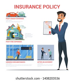 Insurance policy flat banner vector template. Car crash coverage, post fire expenses illustrations. Health, property protecting service. Medical, accident insurance info poster with text space