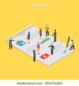 Insurance policy flat isometric vector concept. Insurance agents tell people about insurance conditions. All people are standing on paper insurance policy.