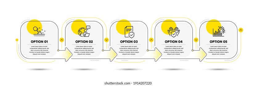 Juego de iconos de línea de estadísticas de póliza de seguro, mano de seguro y Coronavirus. Diagrama de flujo del proceso de línea de tiempo. Signo de humedad de la piel. Documento de cobertura, cobertura completa, gráfico de casos confirmados. Crema húmeda. Vector
