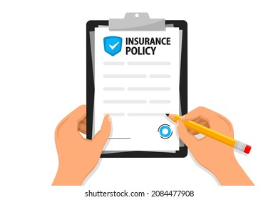 Insurance policy. Human holds document and signs a contract. Folder with stamp and text. Claim form. Concept of security and protection of property and life from damage. Health insurance agreement