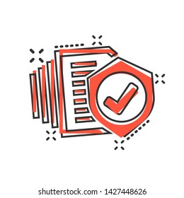 Insurance policy icon in comic style. Report vector cartoon illustration on white isolated background. Document business concept splash effect.