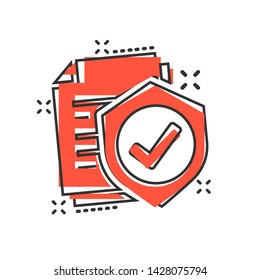 Insurance policy icon in comic style. Report vector cartoon illustration on white isolated background. Document business concept splash effect.