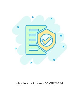 Insurance policy icon in comic style. Report vector cartoon illustration on white isolated background. Document business concept splash effect.
