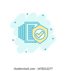 Insurance policy icon in comic style. Report vector cartoon illustration on white isolated background. Document business concept splash effect.