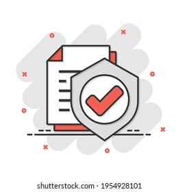 Insurance policy icon in comic style. Report vector cartoon illustration on white isolated background. Document business concept splash effect.