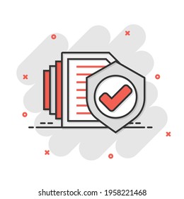 Insurance policy icon in comic style. Report vector cartoon illustration on white isolated background. Document business concept splash effect.