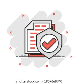 Insurance policy icon in comic style. Report vector cartoon illustration on white isolated background. Document business concept splash effect.